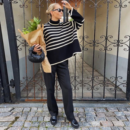 Fashion High Neck Striped Pullover Sweaters