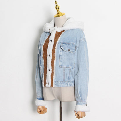 Fashion Designed Lamb Wool with Denim Jacket Coats