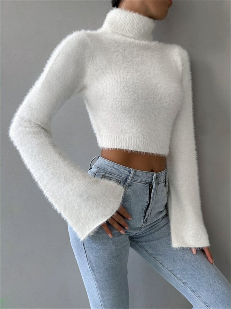 Casual High Neck Midriff Short Sweaters