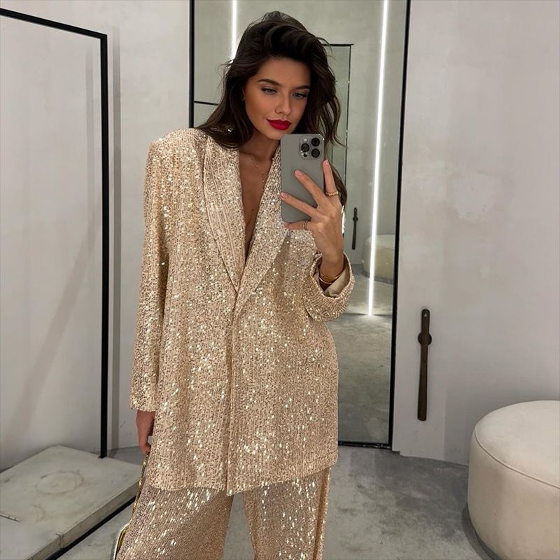 Elegant Sequined Blazers and Pants Two Pieces Sets