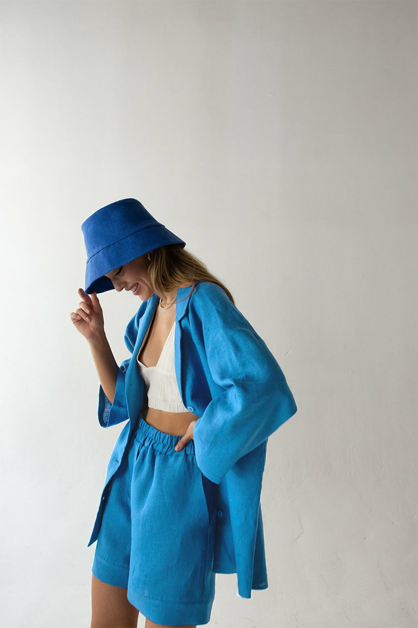 Summer Cotton Long Sleeves Shirts and Shorts Suits