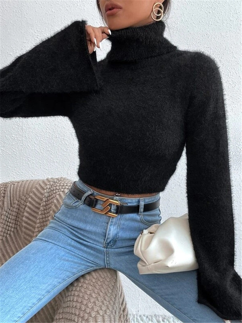 Casual High Neck Midriff Short Sweaters