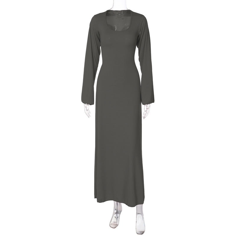 Sexy U Neck Back Lace Up Long Sleeves Dresses