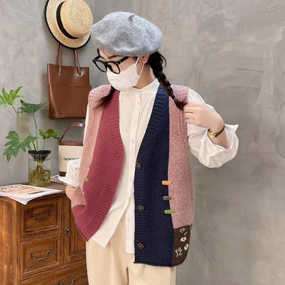 Designed Vintage V Neck Wool Knitted Vest Tops
