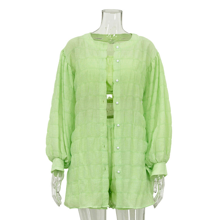 Casual Summer Long Sleeves Shirts with Strapless Tops and Shorts 3pcs Sets