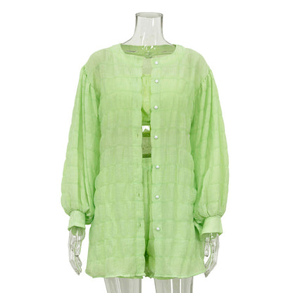 Casual Summer Long Sleeves Shirts with Strapless Tops and Shorts 3pcs Sets