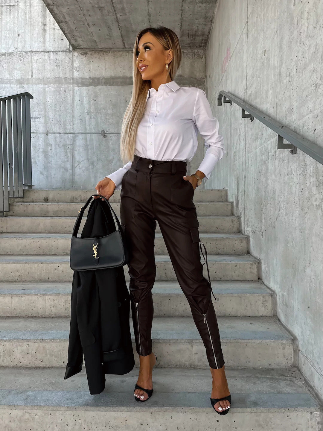 Fashion Pu Leather Slim Waist Women Pants with Pocket
