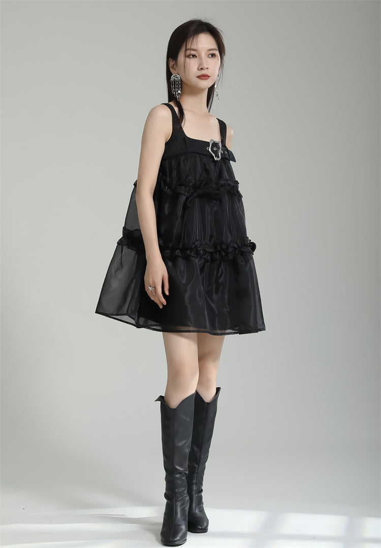 Designed Spaghetti Straps Black Short Dresses