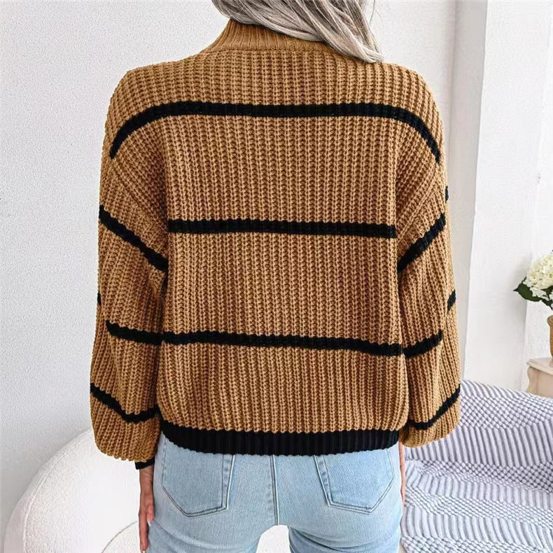 Fashion Striped High Neck Knitted Pullover Sweaters