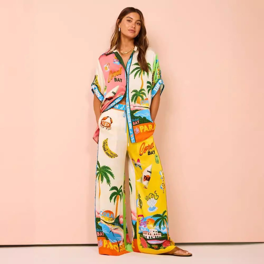 Fashion Personalized Printing Short-sleeved Color Matching Holiday Leisure Tether Set