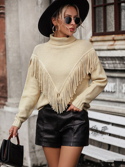 Fashion Tassels Knitted Turtle Neck Sweaters for Women