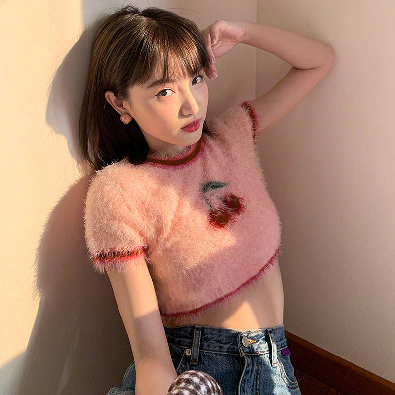 Fashion Cherry Design Midriff Baring Woven T  Shirts