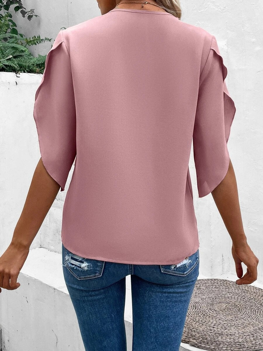 Summer Women's Solid Color Lace V-neck Horn Sleeve Loose Shirt Blouse