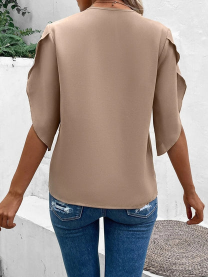 Summer Women's Solid Color Lace V-neck Horn Sleeve Loose Shirt Blouse