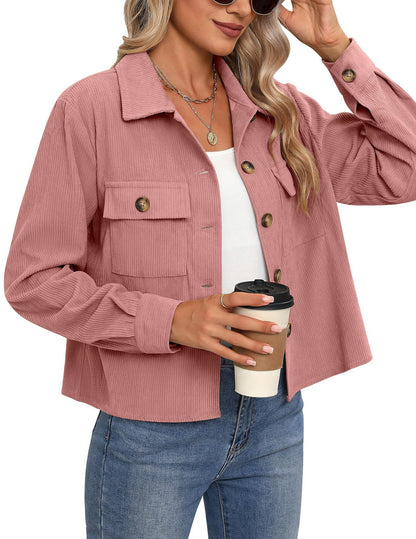 Women's Fashion Casual Short Shirt Corduroy Button-up Top Jackets