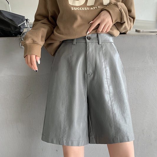 Fashion PU High Waist Knee Pants for Women