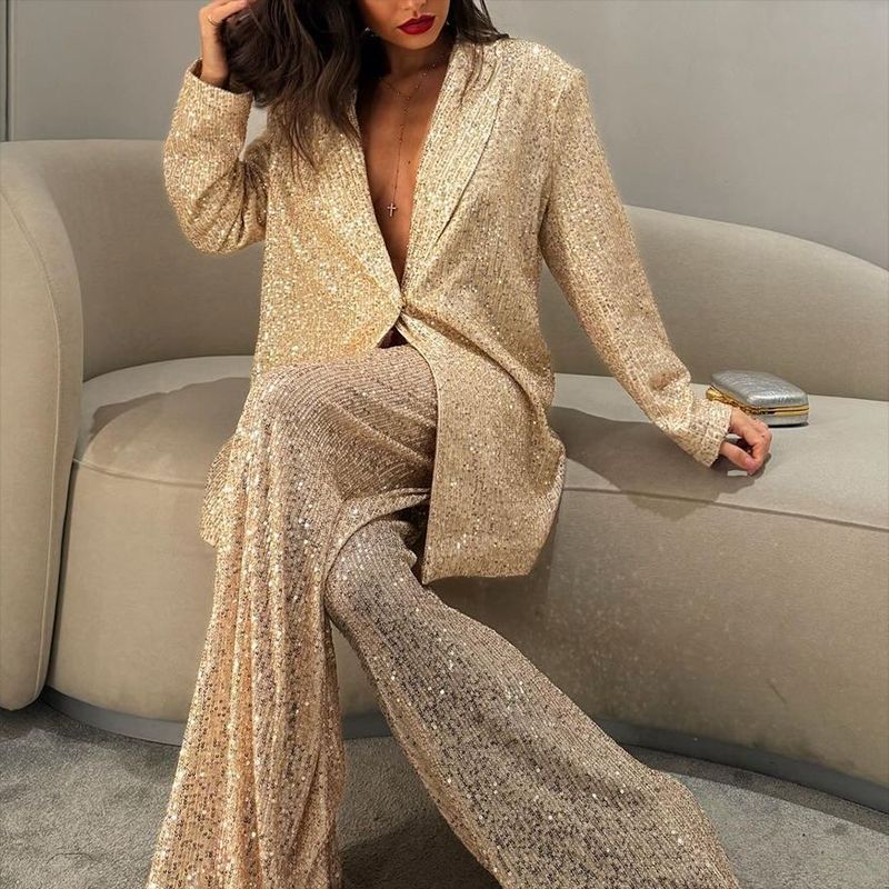 Elegant Sequined Blazers and Pants Two Pieces Sets