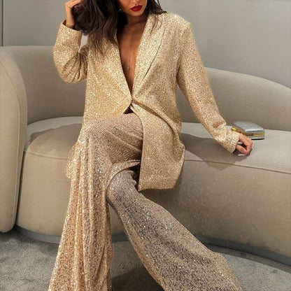 Elegant Sequined Blazers and Pants Two Pieces Sets