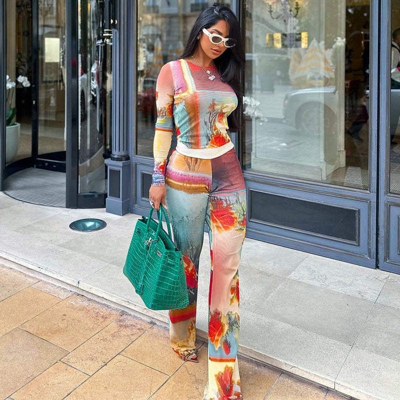 Fashion Women Floral Print Two Pieces Suits