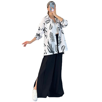 Casual Floral Print Long Sleeves Shirts & High Waist Pants