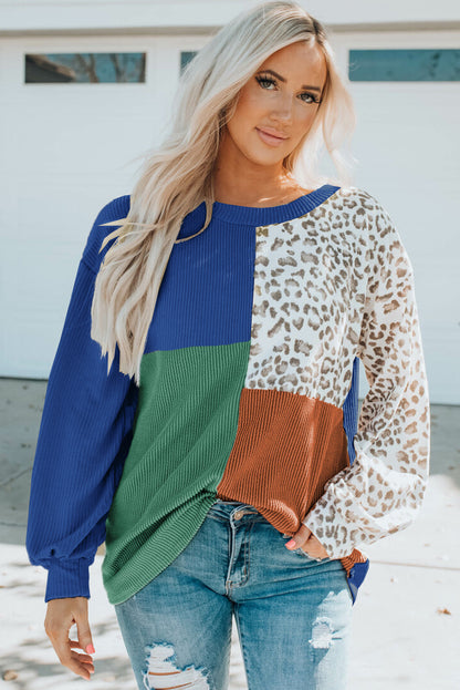 Casual Autumn and Winter Contrasting Color Leopard Knitted Long-sleeves Women Tops