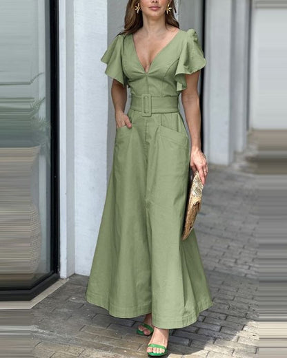 Fashion V Neck Ruffled Long Dresses