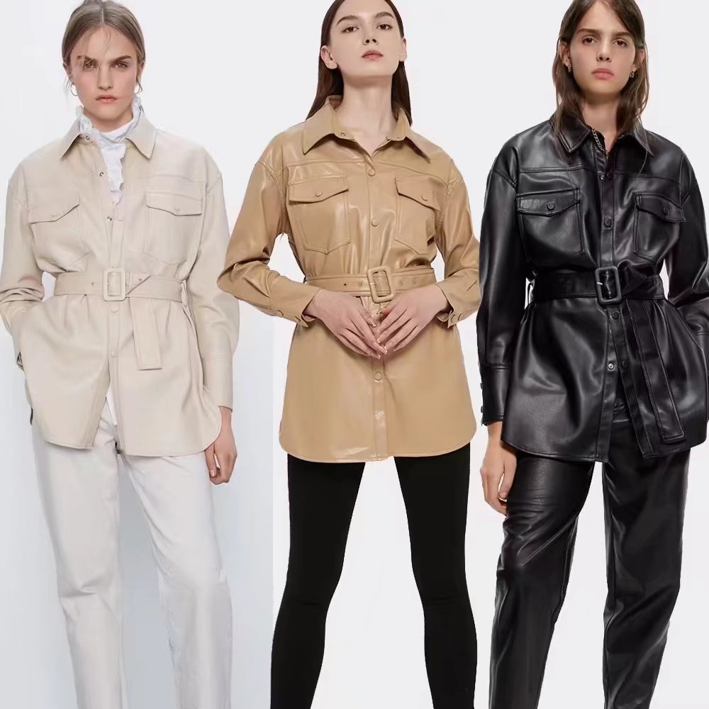 Fashion Casual Pu Leather Jackets Coat with Belt