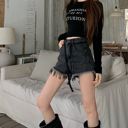 Summer Long Sleeves T Shirts and High Waist Denim Shorts