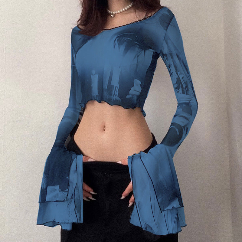 Summer Sexy Trumpet Sleeves Midriff Baring Women Shirts