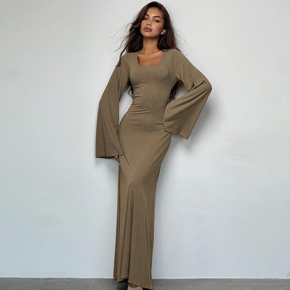 Sexy U Neck Back Lace Up Long Sleeves Dresses