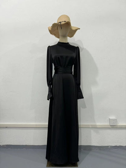 Elegant Long-sleeved Waist-tied Puff-sleeved  Women Dresses