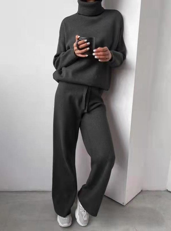 Casual High Neck Two Pieces Knitted Tops & Wide Legs Pants