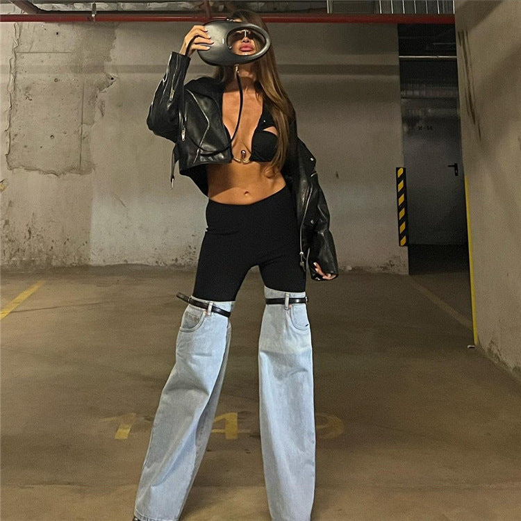 Designed High Waist Denim Wide Legs Pants