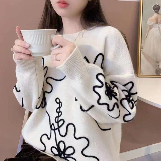 Fashion  3D Flowers Round Neck Knitted Sweaters