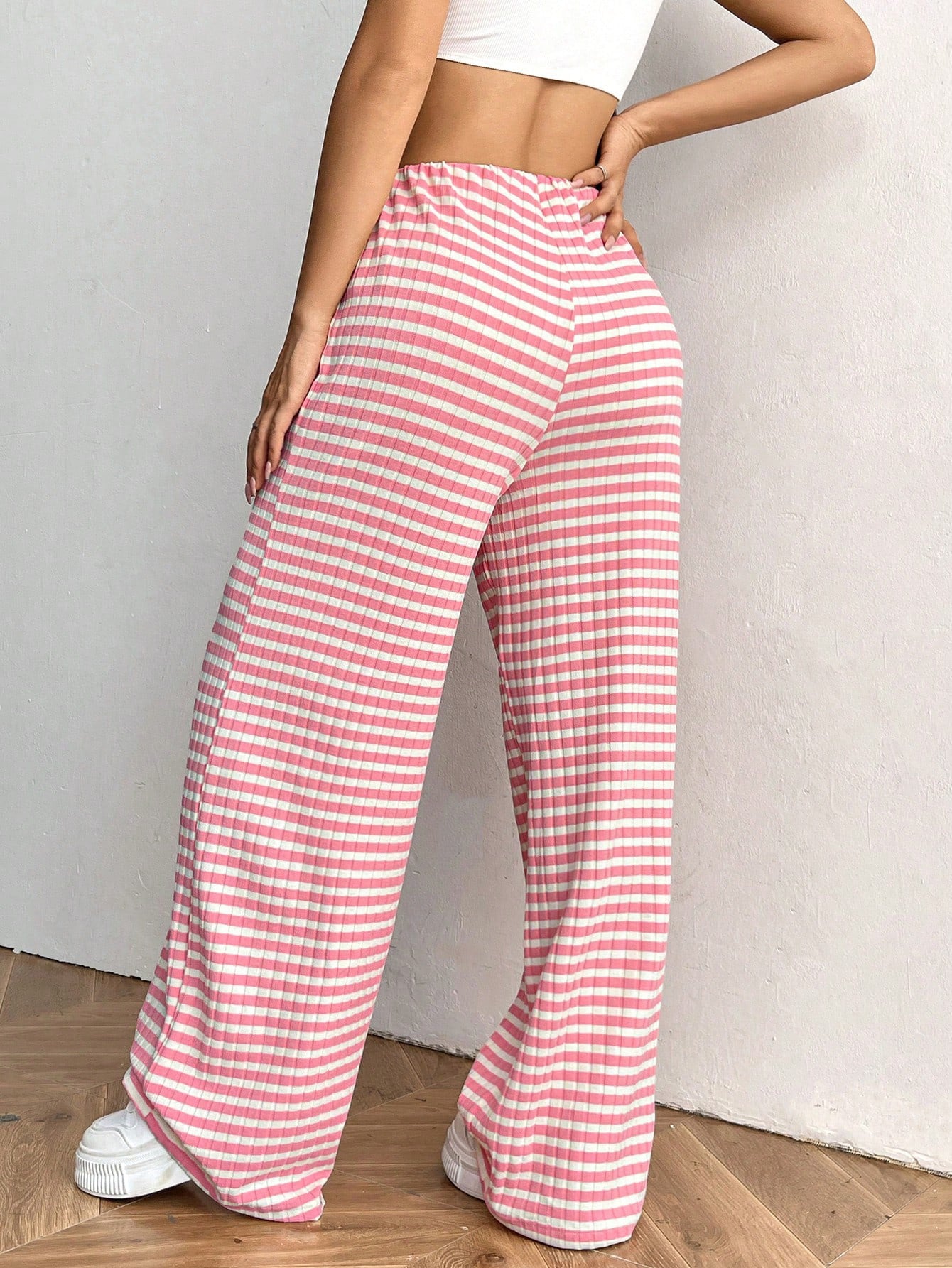 Casual Women Striped Solid Color Pull Rope Cotton Straight Pants