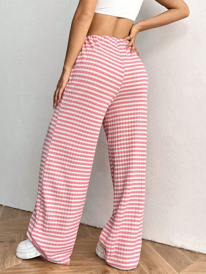 Casual Women Striped Solid Color Pull Rope Cotton Straight Pants