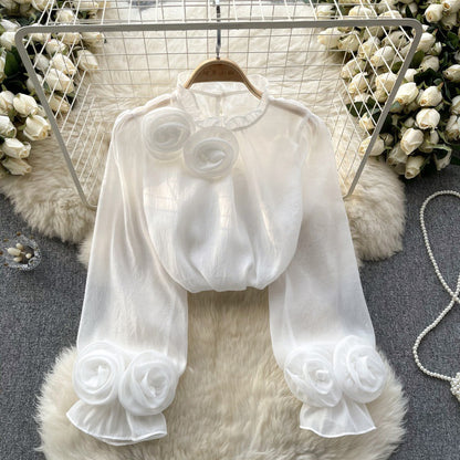 Designed 3D Flowers Chiffon Long Sleeves Shirts