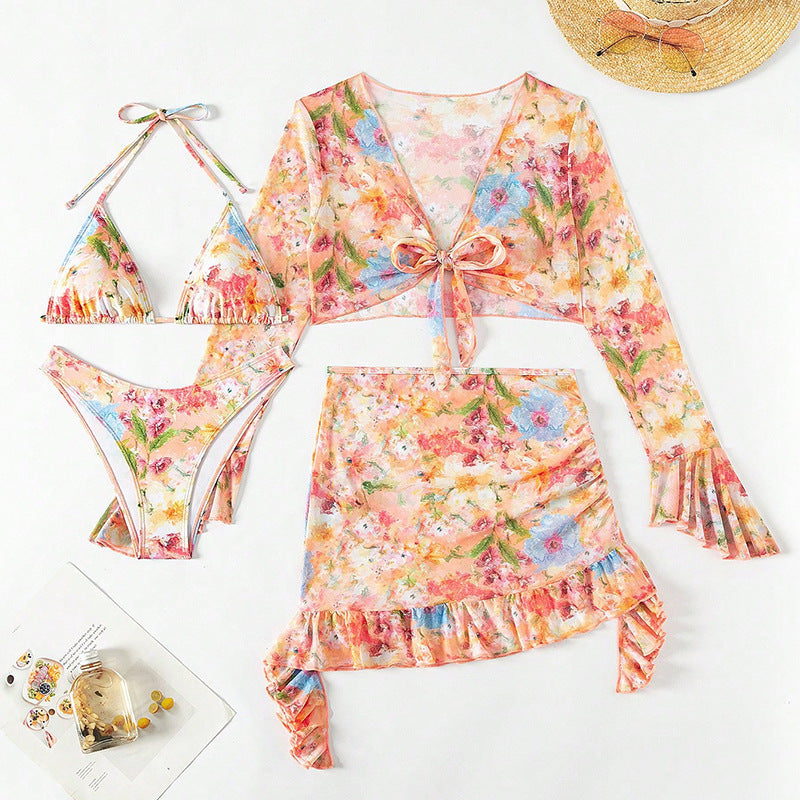 Fashion Floral Print 4pcs Beach Swimwear