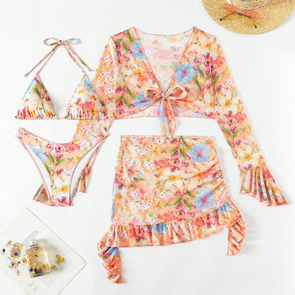 Fashion Floral Print 4pcs Beach Swimwear