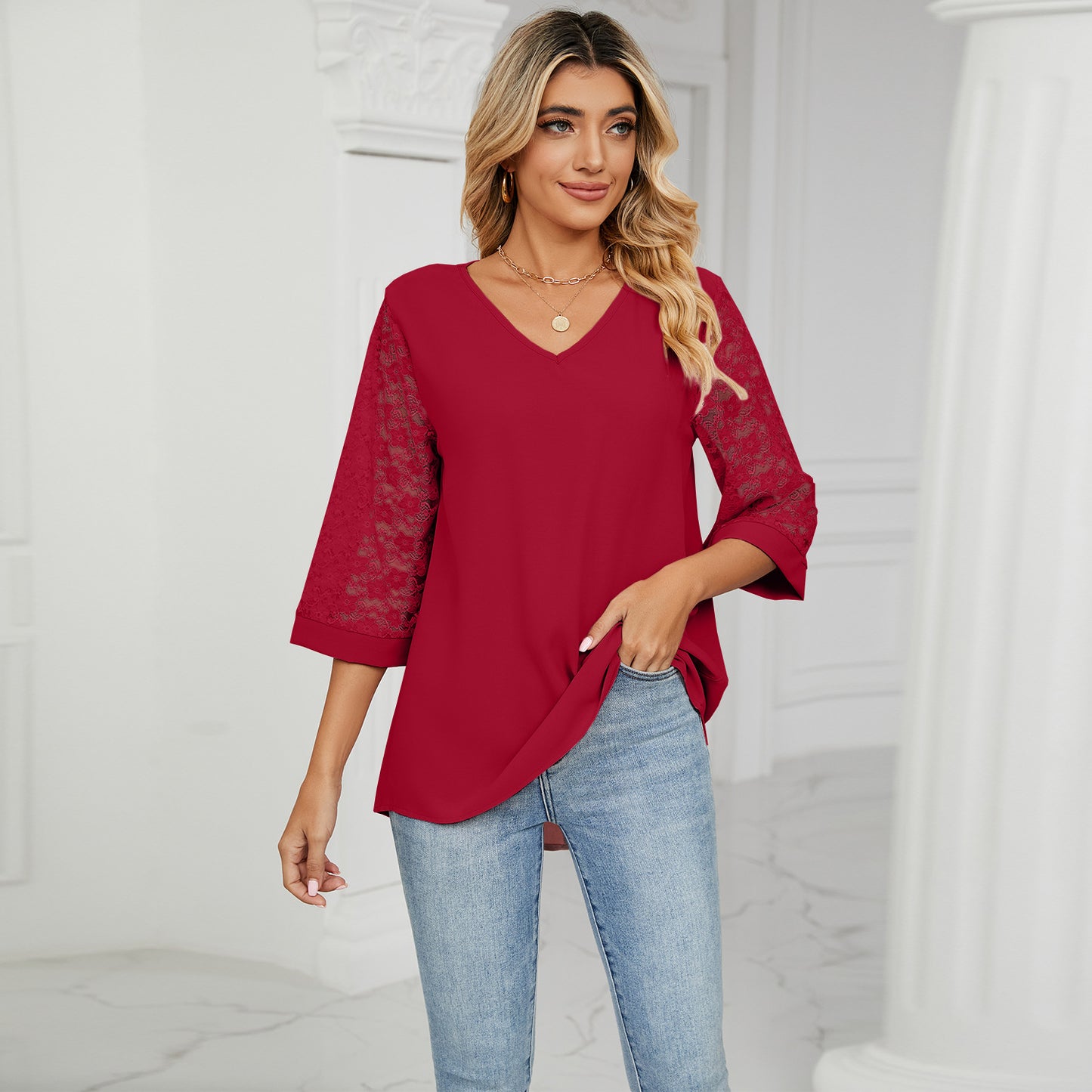 Fashion Summer Chiffon 3/4 Sleeves Women Blouses
