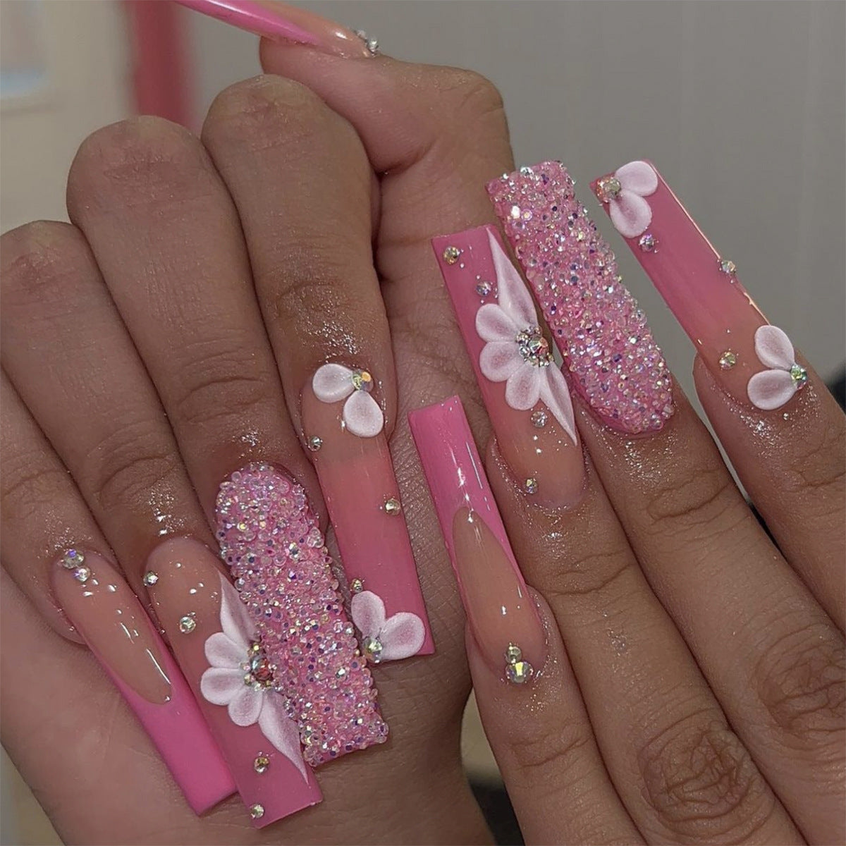Valentine's Day Pink Small Rhinestone Press on Nails