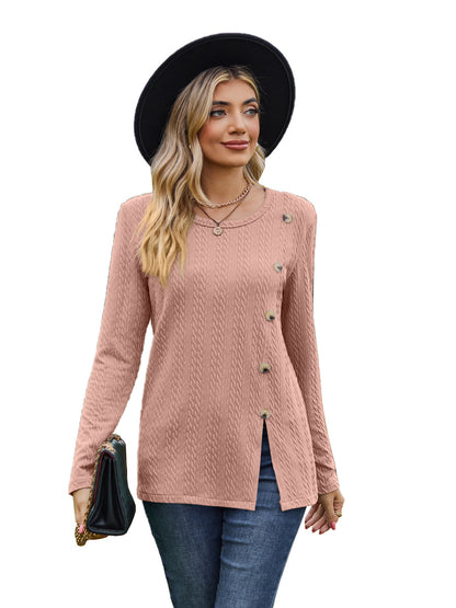 Fashion Round Neckline Button Long Sleeves Shirts