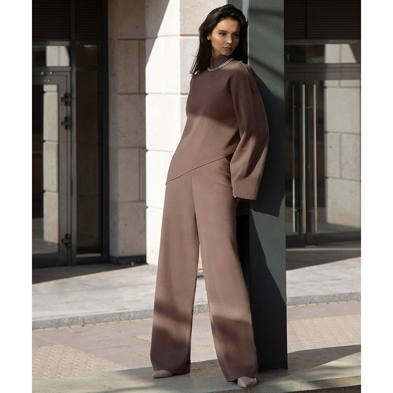 Casual Irregular Pullover Sweaters and Wide Legs Pants Outfits Sets