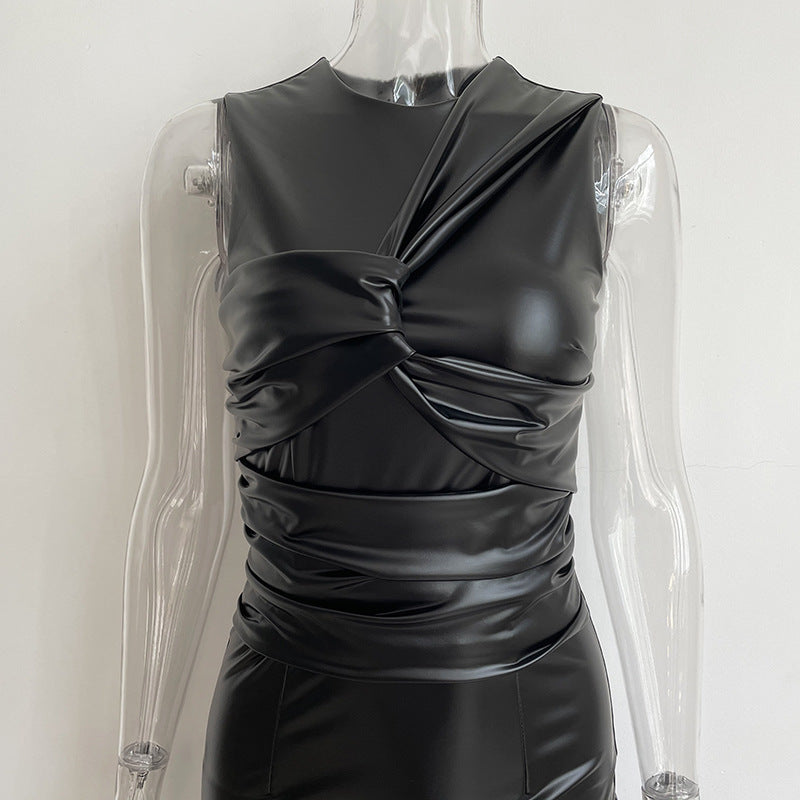 Vintage Irregular PU Leather Sleeveless Long Dresses