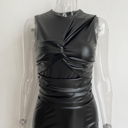 Vintage Irregular PU Leather Sleeveless Long Dresses
