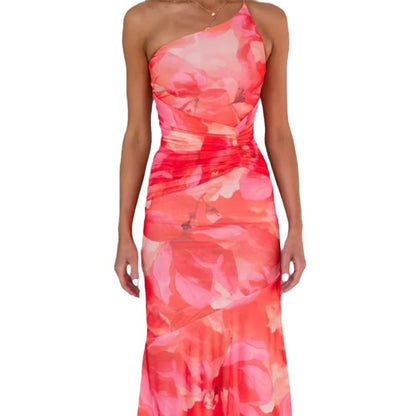 Trendy Explosive One Shoulder Floral Elastic Bodycon Dress
