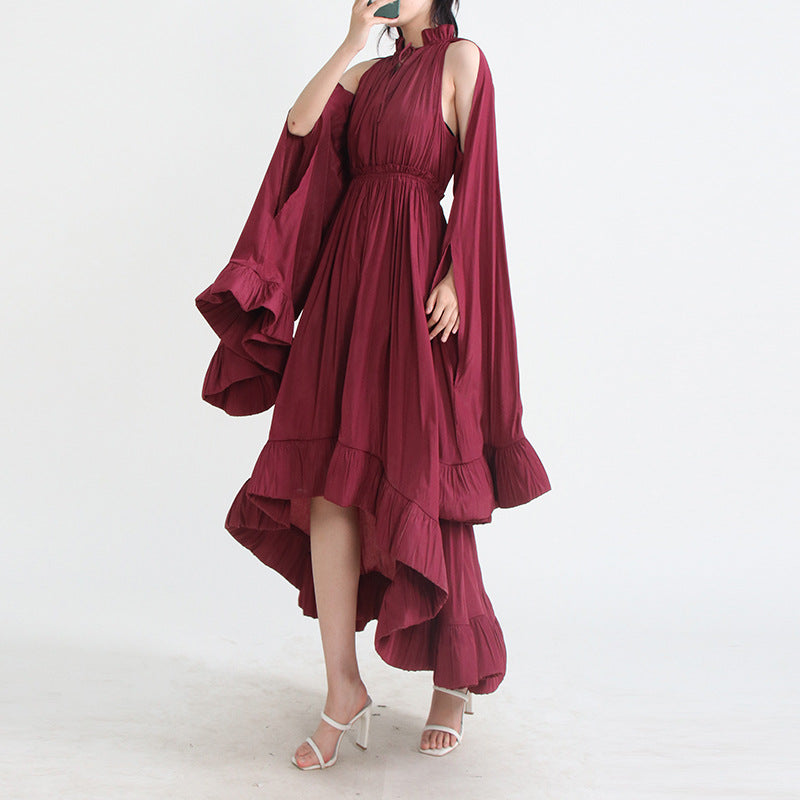 Designed V Neck Ruffled Long Sleeves Cloak Dresses