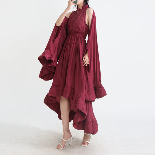 Designed V Neck Ruffled Long Sleeves Cloak Dresses