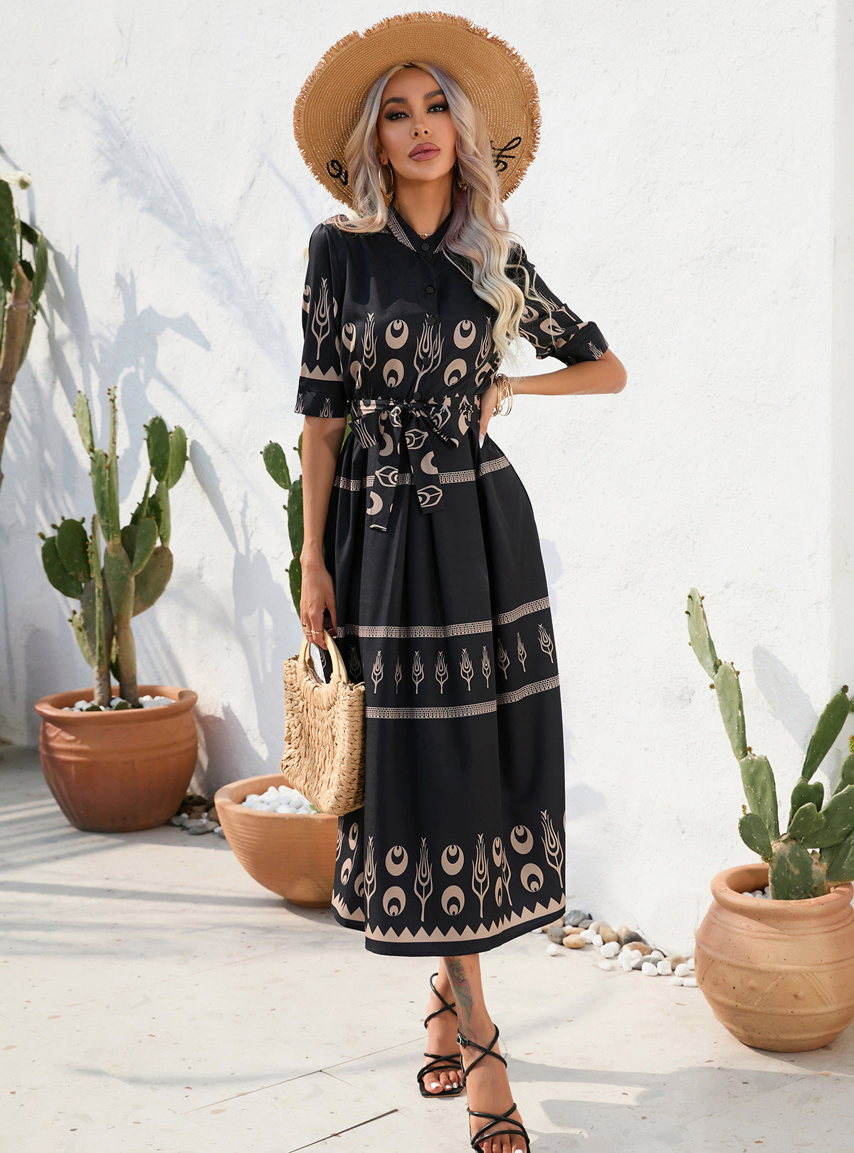 Vintage Summer Half Sleeves Women Midi Dresses