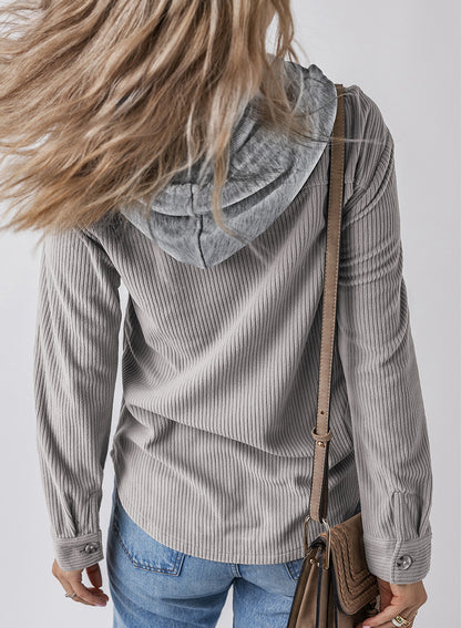 Women Lapel Buckle Cardigan Hooded Pull Rope Striped Jacket Coats